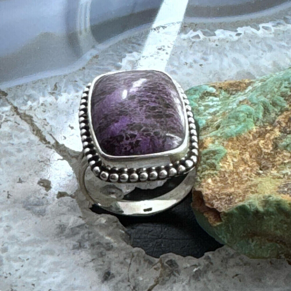 Sterling Southwestern Style Purpurite Decorated Bar Ring Size 8 For Women - Picture 4 of 10